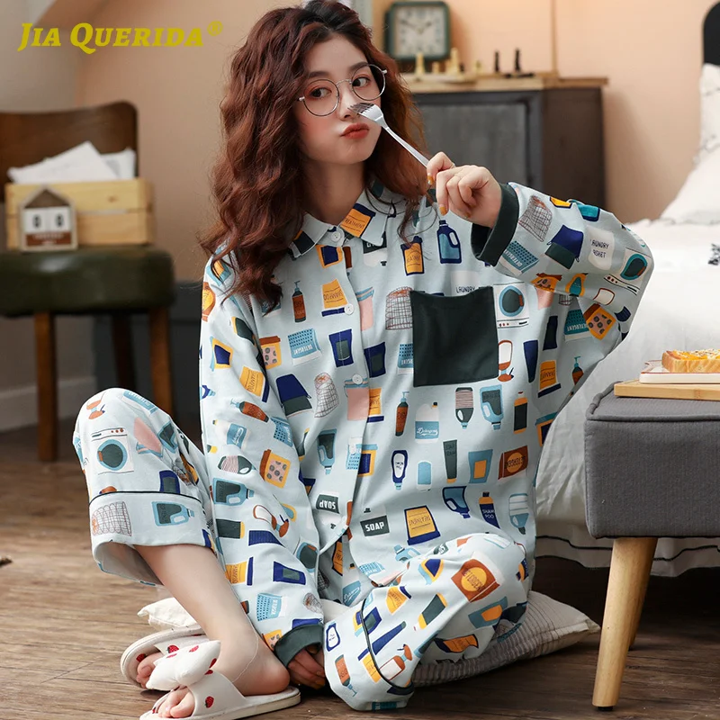 

2020 Spring New Women's Pajamas Set Korean Style Cotton Pocket Long Sleeves Pants Turn-down Collar Pajamas for Women Sleepwear