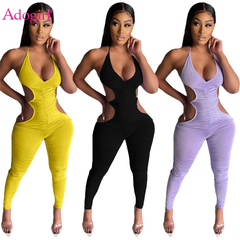 

Adogirl Women Sexy Solid Pleated Jumspuit Deep V Neck Lace Up Halter Backless Pencil Pants Slim Romper Night Club Overalls