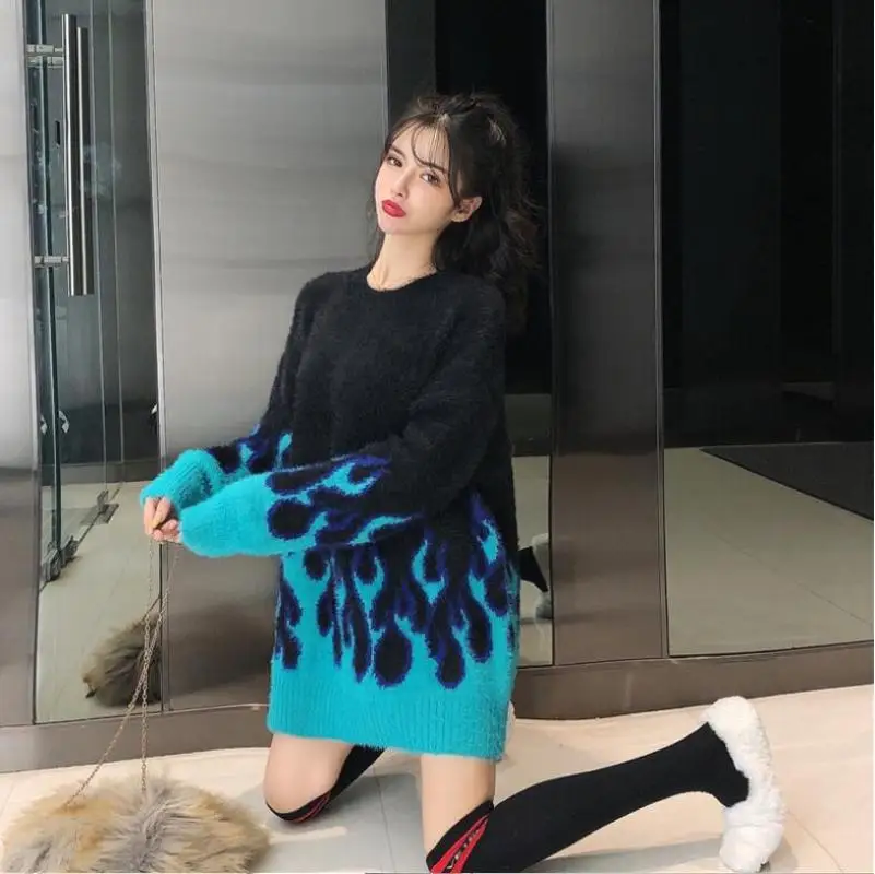 Streetwear flame pattern loose Knitted pullover sweater women long sleeve O-Neck Print sweater Autumn winter fashion New Arrival Streetwear flame pattern loose Knitted pullover sweater women long sleeve O-Neck Print sweater Autumn winter fashion New Arrival