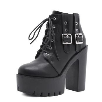 comprar Botas De Outono Sapatos De Cunha Das Senhoras Salto Alto Botas De Tornozelo Feminino Plataforma Robusta Punk Gótico Botas Cinto Decoração Rendas Até Sapato