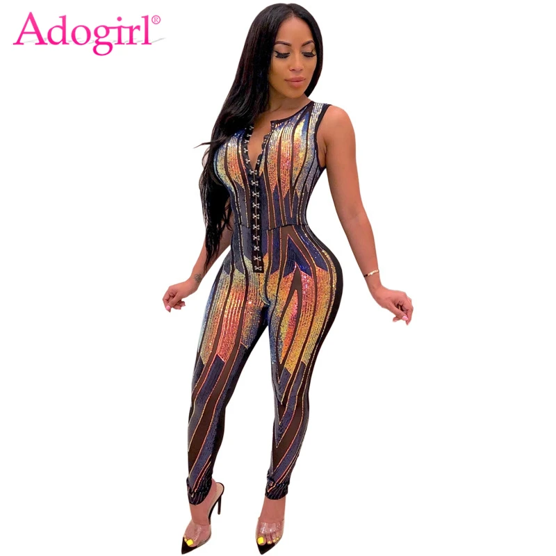 

Adogirl Colorful Sequins Sheer Mesh Buttoned Jumpsuit Women Sexy V Neck Sleeveless Skinny Romper Night Club Party Overalls