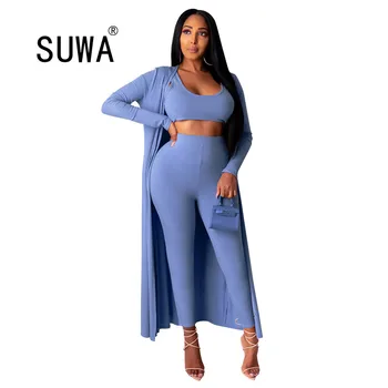 

Wholesale Women Sport Knitted Three Piece Set Long Click Tank Top Legging Jogger Sweatpants Suit Tracksuit Matching Sets