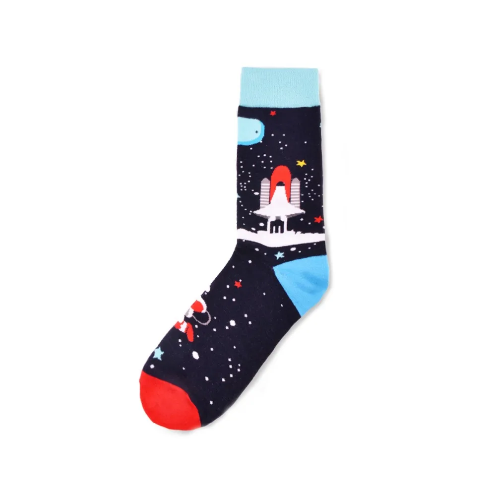 Красочные мужские носки скейтбордиста, смешной дизайн, чесаный хлопок, платье, свадебные носки, Космический человек, узор, Модные Повседневные Вечерние носки