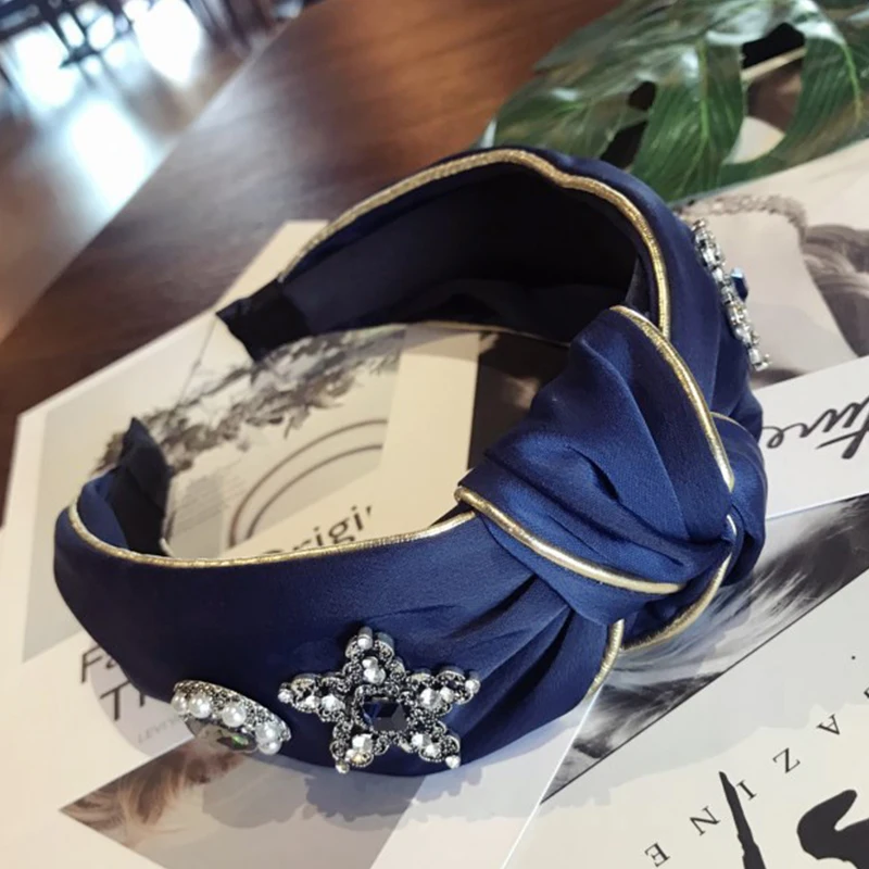 Бутик hairband аксессуары Женская Роскошная ткань Золотая оправа супер вспышка средняя завязанная широкая повязка с козырьком