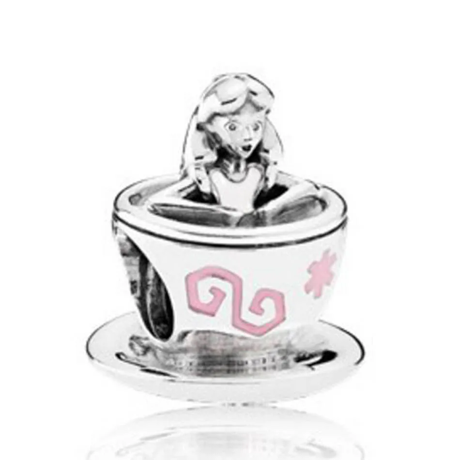 

925 Sterling Silver Bead Charm Pink & White Enamel Alice In Wonderland Tea Cup Beads fit Lady Bracelet Bangle DIY Jewelry
