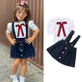 

2PCS Toddler Kids Baby Girls Clothes Sets Bowknot Puff Sleeve T-Shirts Tops Denim Strap Dress Clothes
