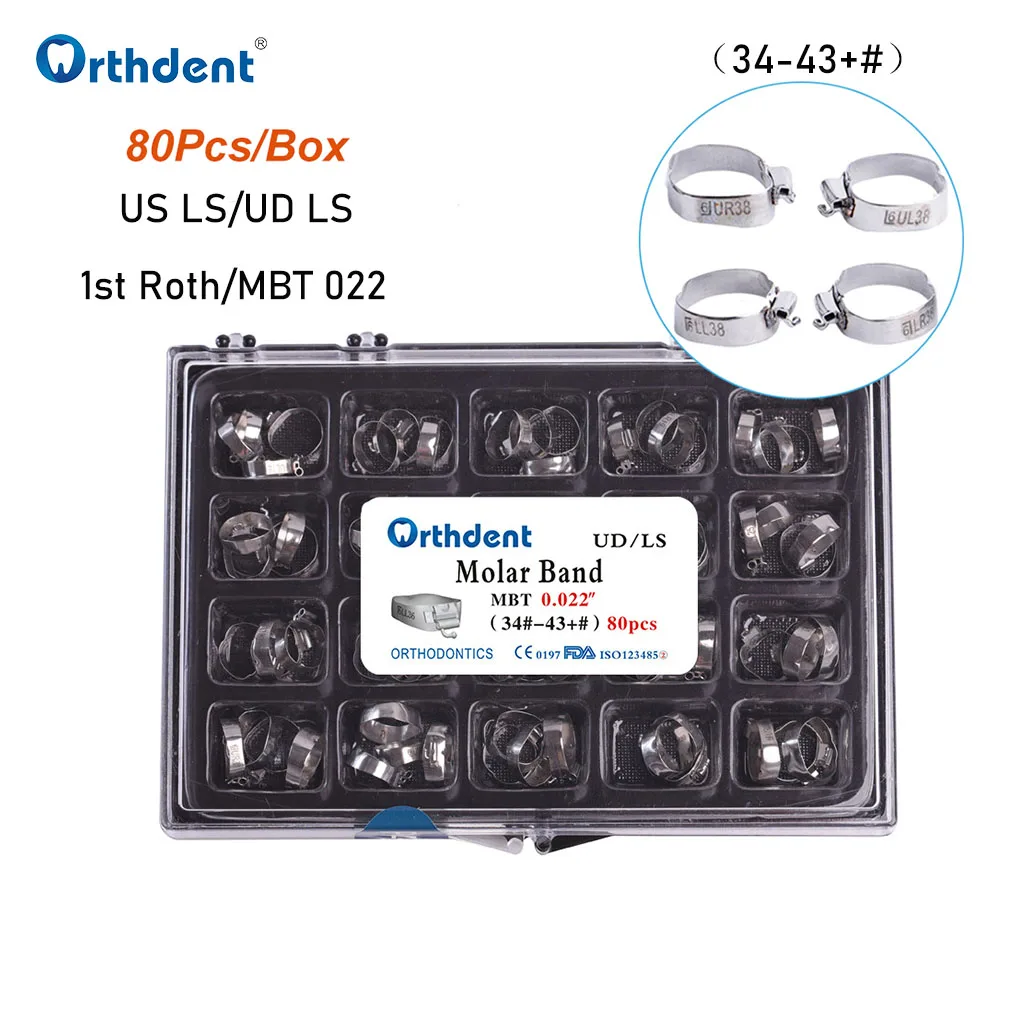 

80 Pcs Dental Orthodontic Molar Band With Buccal Tube Prewelded Stainless Steel 1st Roth MBT 022 34#-43+# Dentist Material