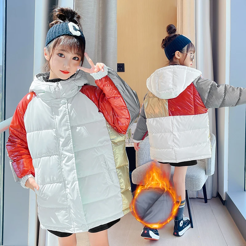 

Winter Thick Teenager Girls Windbreaker Coat Keeping Warm Hooded Jacket For Girl Fur collar Plus Velvet Long Style Outerwear