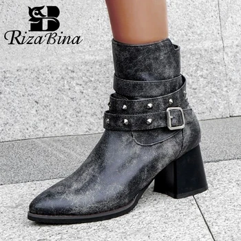 

RIZABINA Plus Size 32-48 Women Ankle Boots Fashion Rivets Buckle Warm Fur Winter Shoes Women High Heel Boots Lady Footwear