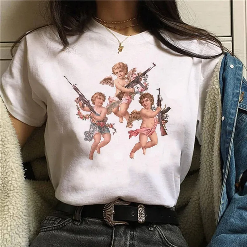 white 90s корейский стиль футболка Эстетическая Kawaii графическая Футболка Модные женские футболки Harajuku Angel забавная Футболка женская Ullzang - Цвет: white