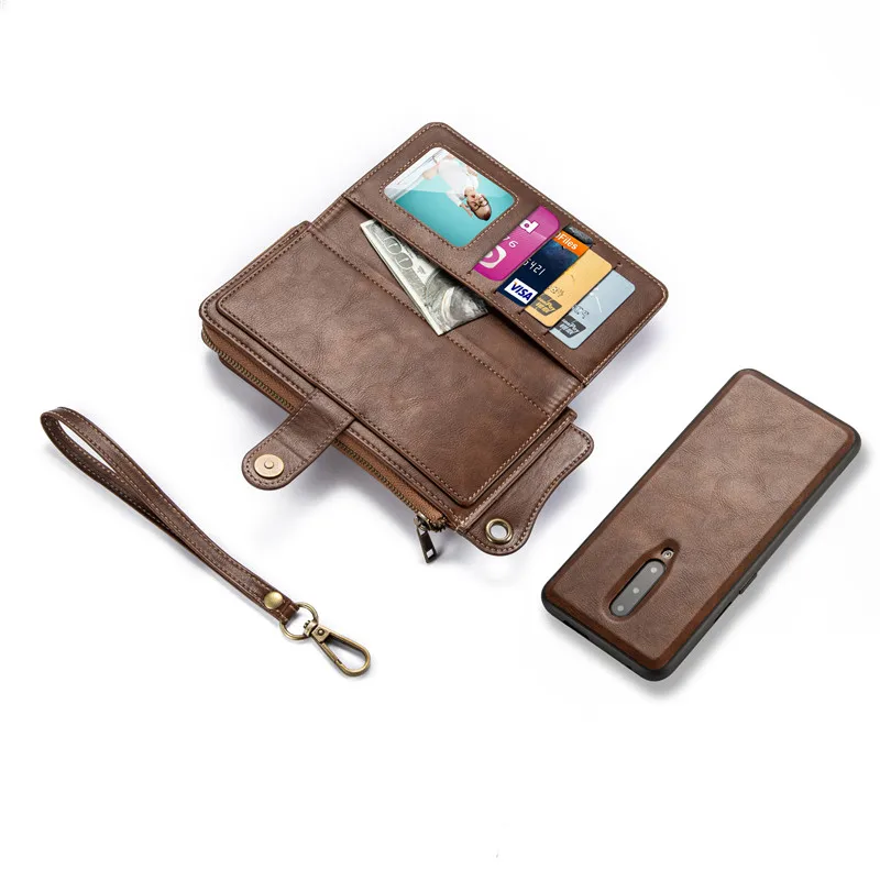 Luxury Leather Zipper Wallet Handbag Case for OnePlus 7 Pro Multi-Functional Detachable Flip Card Slot Magnetic Cover - Цвет: Borwn Set