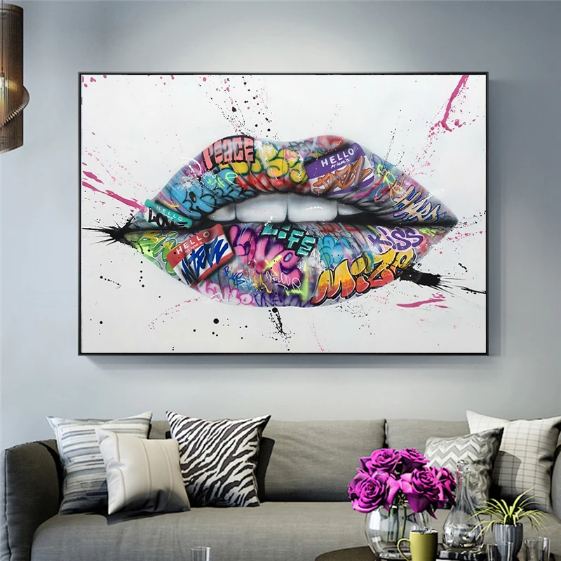 Show-Teeth-Lips-Street-Graffiti-Art-Canvas-Painting-on-The-Wall-Posters-and-Prints-Wall-Art