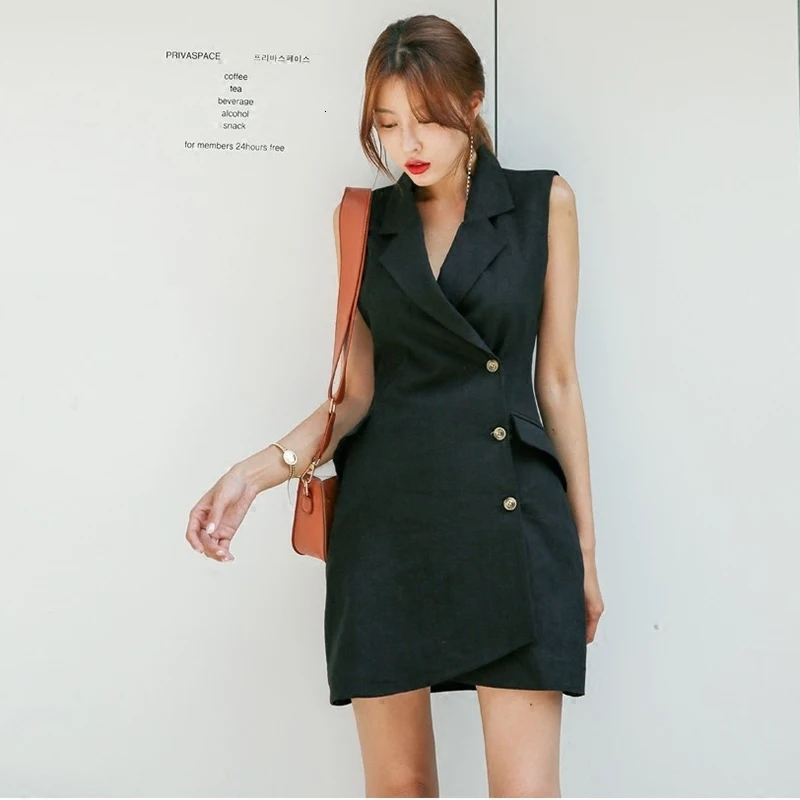 LANMREM Summer New Casual Fashion Women Slim Solid Color Double-breasted Lapel Sleeveless Dress TC813
