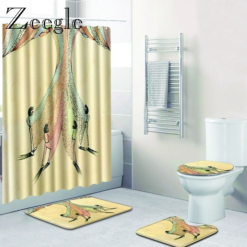 Zeegle Набор ковриков для ванной из полиэстера с рисунком скелета, покрытие для унитаза, Противоскользящий коврик для ванной комнаты, напольный коврик, водонепроницаемая занавеска для душа