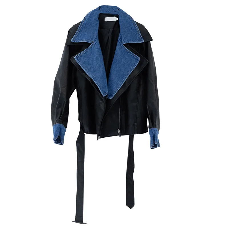 Черная Женская куртка из искусственной кожи, джинсовое пальто в стиле пэчворк, женская уличная куртка на шнуровке, мотоциклетная куртка-бомбер, женская кожаная куртка