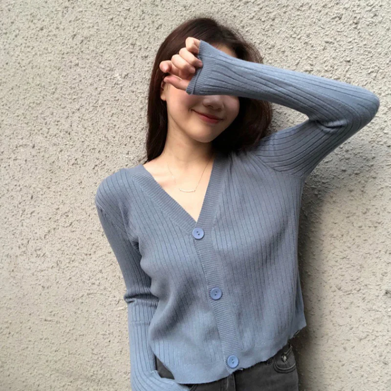 AAutumn New Knitted Cardigan Sweater V-Neck Soild Color Retro Chic Wild Long Sleeves Short Section Outerwear Tops Cardigan Women AAutumn New Knitted Cardigan Sweater V-Neck Soild Color Retro Chic Wild Long Sleeves Short Section Outerwear Tops Cardigan Women