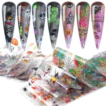 10 шт переводные наклейки из фольги на Хэллоуин для ногтей, черепа, тыквы, кошки, прозрачные слайдерные наконечники, сделай сам, лак для ногтей, Deocorations BE2002