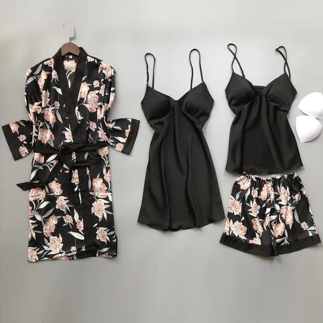 2020 Spring Autumn Women Silk Pajamas Sets With Chest Pads Flower Print Pijama Sleepwear 4 Pieces Spaghetti Strap Satin Pyjamas 3