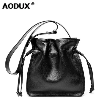 

AODUX 100% Full Genuine Cow Leather Bucket Handle Bags Women Messenger Cross Body Shoulder Cross Body Bag Top Cowhide Handbag