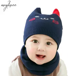 Детская вязаная шапка, шарф, комплект осенне-зимней одежды для малышей, милые шапки с котами, теплый и защищающий уши, вязаный костюм из