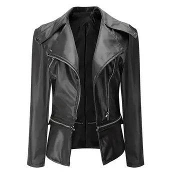 

2020 Punk Women Solid Color Long Sleeve Lapel Faux Leather Motorcycle Jacket Coat