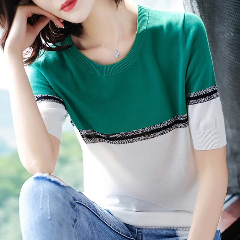 

Hit Color Patchwork Striped Women Sweater Thin Summer Knitted Elastic 2020 Short Sleeve Woman Clothes Sweater Womens Pullovers