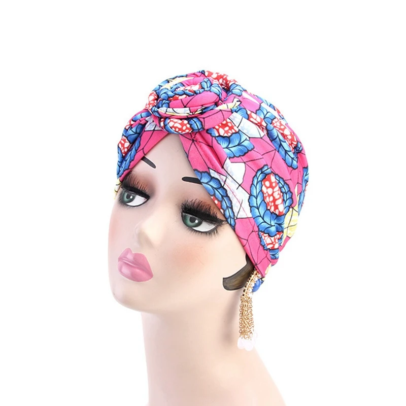 HT3270RH Ethnic Knotted Turban Hat Stretch Chemo Cap Muslim Women Bandana Headwrap - Color: HT3270RH