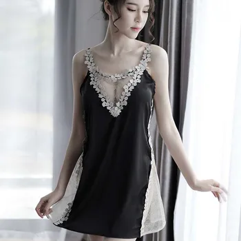 

Sleepwear Women Sexy Lace Satin Lingerie Smooth Nightwear Nighties for Women Night Dress Wear Deep V-Neck