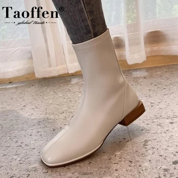 

Taoffen Women Real Leather Boots Half Short Shoes Women Winter Flat Heel Shoes Fashion Zipper Warm Boots Footwear Size 34-39