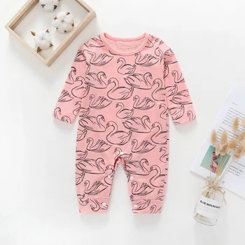 

PatPat Pretty Swan Print Long-sleeve Jumpsuit for Baby Girl Snap Closure Allover Design Cotton Fall Leisure Crew Neck