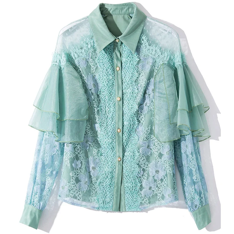 

high quality Mesh shirt treetwear Style Lace flower elegant Ruffle sleeve elegant Mesh Wave point printing Women's shirt S-L