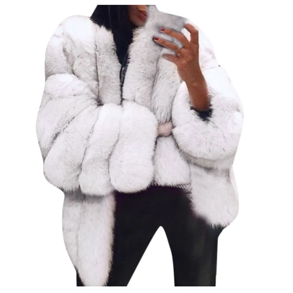 Белая Толстая теплая меховая куртка с длинными рукавами и круглым вырезом, зимнее модное женское пушистое пальто из искусственного меха, верхняя одежда, пальто, большие размеры# T