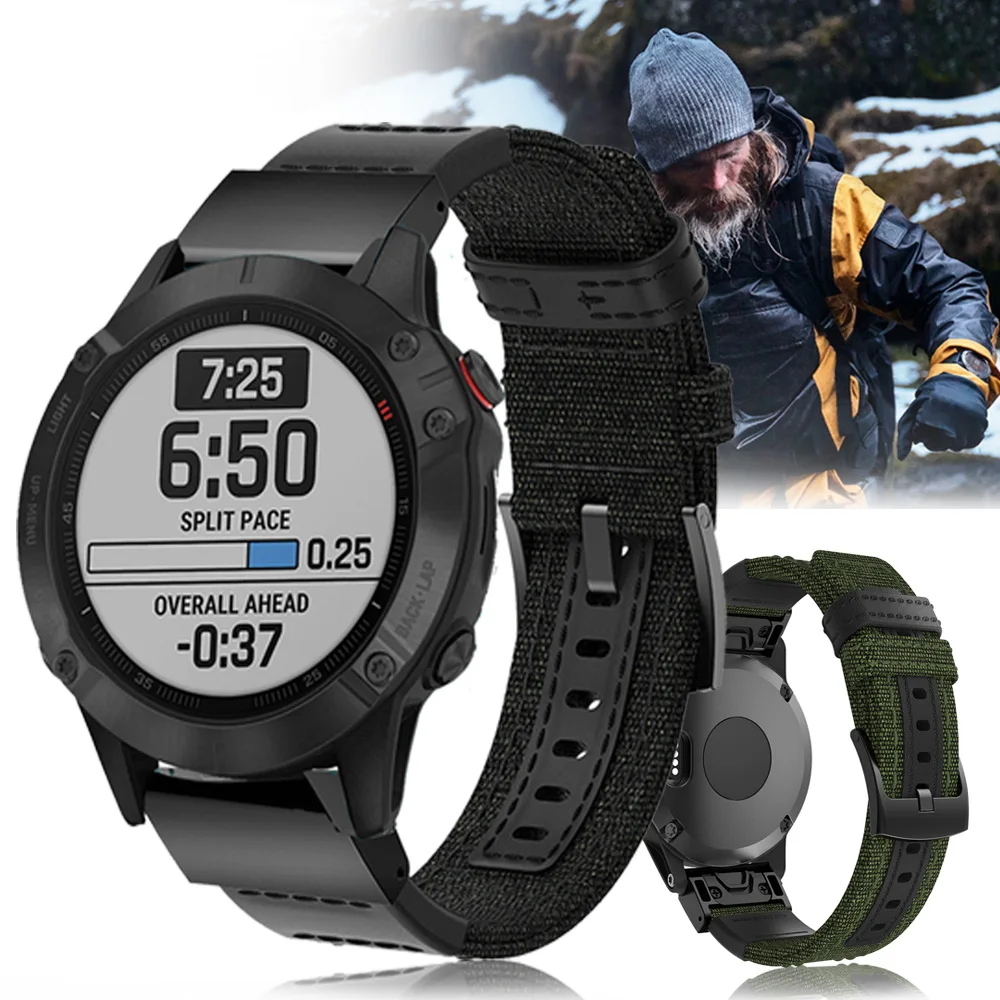 Ремешок быстросъемный из нейлона и кожи для наручных часов Garmin Fenix 5 5X Plus 6 6X Pro 3HR
