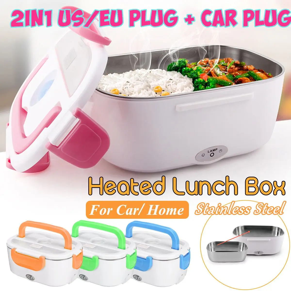 

12V-24V 110V 220V Electric Heated Lunch Box Portable 2 in 1 Car& Home US Plug/EU Plug Bento Boxes Stainless Steel Food Container