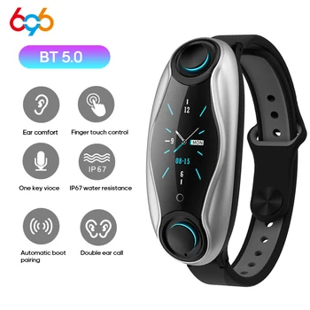 

696 T90 Smart Fitness Bracelet Bluetooth 5.0 with Wireless Earphones IP67 Waterproof Sport Smart Watch Clock for Android IOS