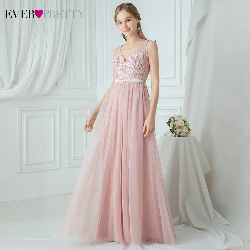 Иллюзия розовые платья подружки невесты Ever Pretty A-Line с двойным v-образным вырезом без рукавов Цветочные Аппликации Тюль Свадебные платья для гостей