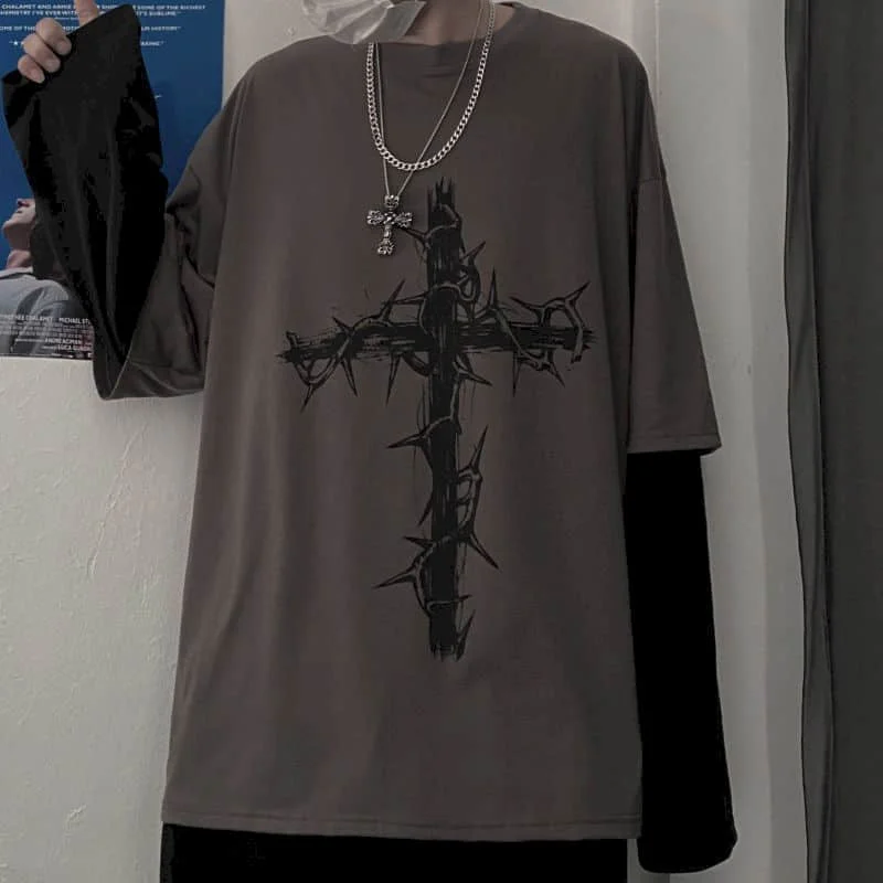 T-shirt Cross of Thorns fake two-piece for men women long-sleeved dark hip-hop loose large size autumn new trend top Simplicity