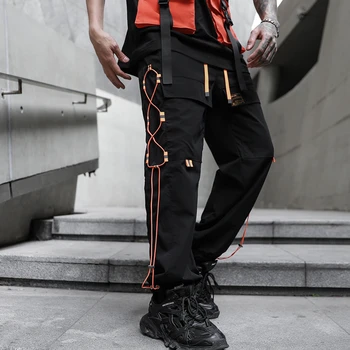 

Orange Ribbons Hip Hop Joggers Cargo Harem Pants For Men Reflective Block Hit Color Pocket Track Trousers Sweatpants Streetwear