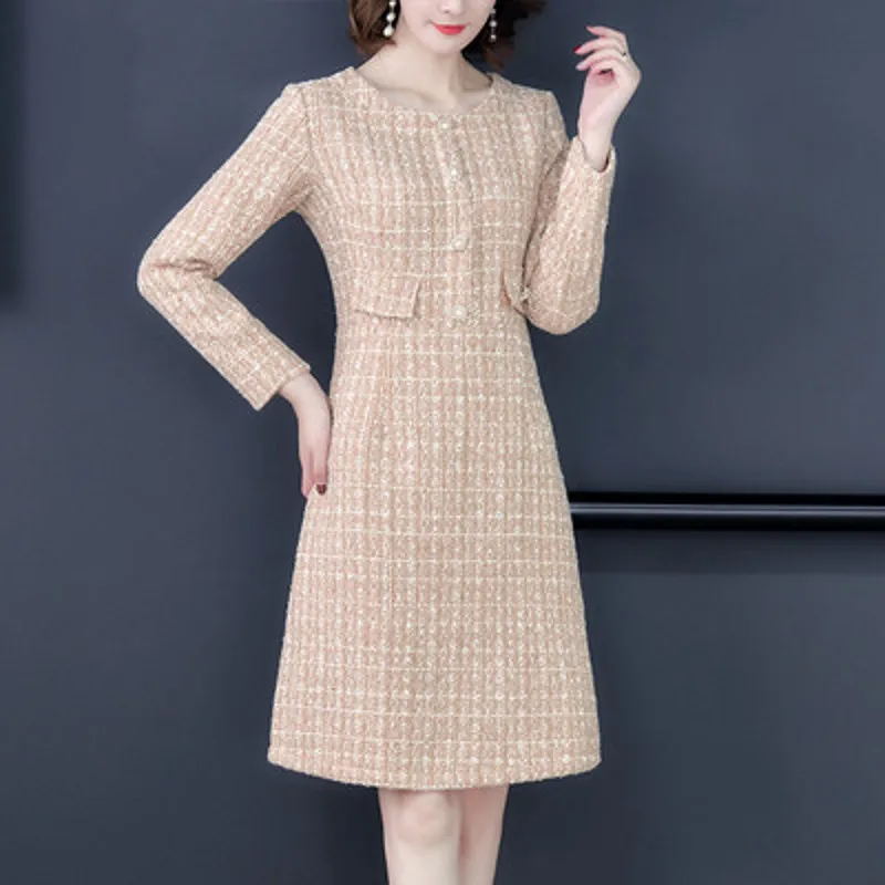 

Runway Women's Clothing Split Pearl Buttons Tweed Dress Vintage Female Elegant Woolen Long Sleeve Dresses Vestidos Robe