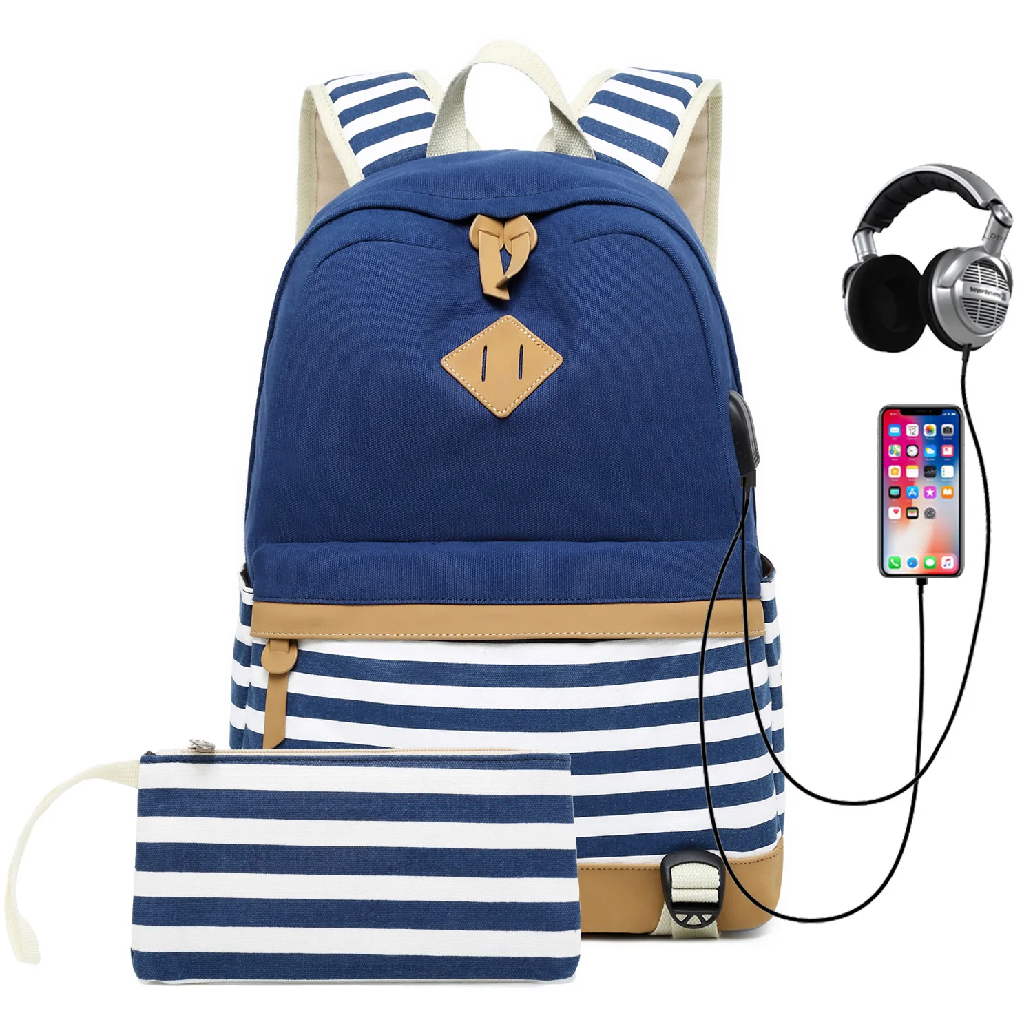 

New Style Korean-style Canvas Backpack Casual Stripes Computer Backpack Large Capacity Middle School Students School Bag Two-Pie