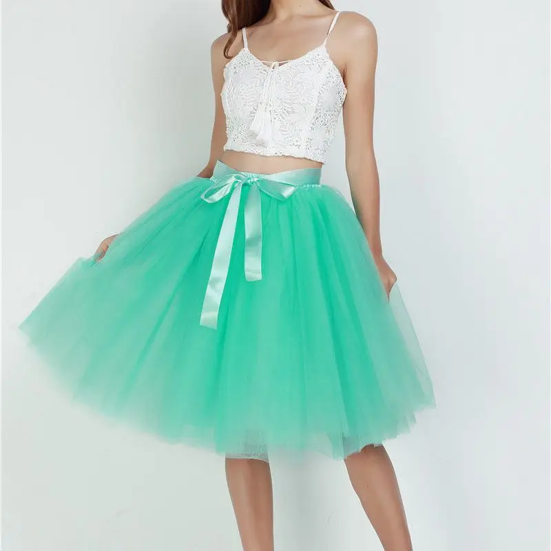 mint green 5 слоев 65 см длина до колена Тюлевая юбка элегантные плиссированные юбки-пачки Женские винтажные юбки Лолита женские юбки юбка Jupe - Цвет: mint green