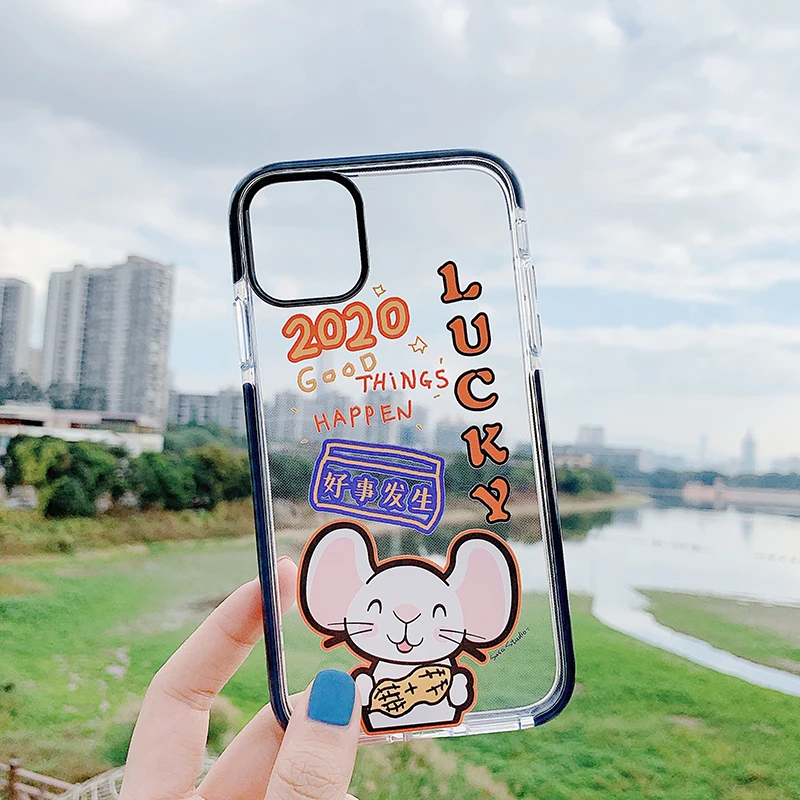 Прозрачный чехол с мультяшным принтом «Lucky mouse» для iPhone X, XR, Xs, Max, 11, 8, 7, 6, 6s Plus, 11Pro, Max, высококачественный Двухцветный Мягкий ТПУ чехол на заднюю панель