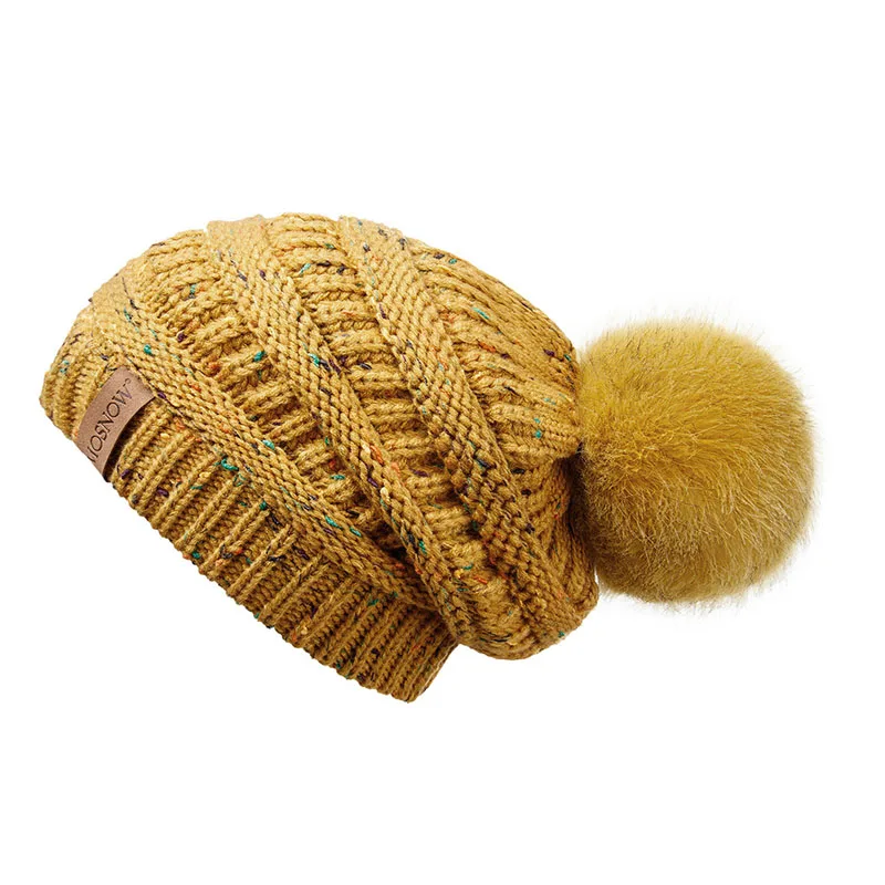 Зимняя Женская Вязаная Шапка-бини, Женская Полосатая кожаная теплая шапка с меховым помпоном, модная плотная шапка Skullies Beanies - Цвет: Mixed yellow