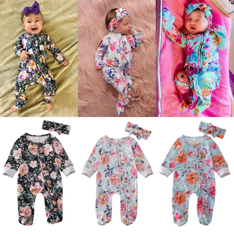 Cute Newborn Baby Girls Boys 0-6M Footies Floral Print Long Sleeve Ruffles Single Breasted Playsuit Headband Clothes Outfits | Детская
