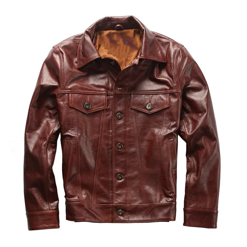 

2019 Red Brown American Casual Style Men Leather Jacket Plus Size 3XL Genuine Cowhide Autumn Slim Fit Leather Coat FREE SHIPPING
