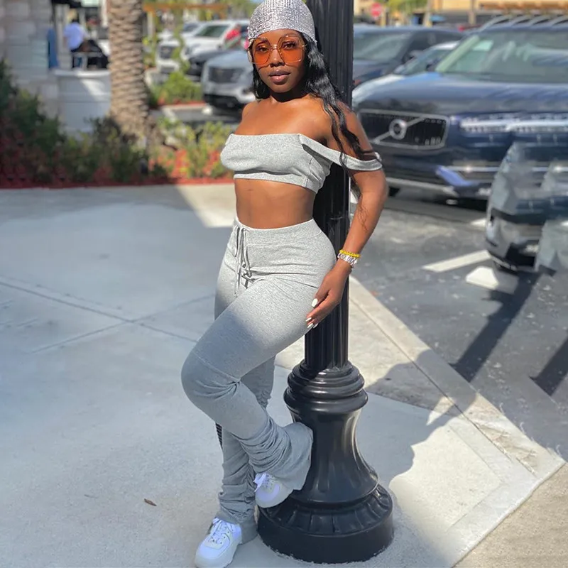 

2020 Off Shoulder Sexy Bodycon Sets Women Sleeveless Club Party Two Piece Outfits Bodycon Top And Stacked Pants Set
