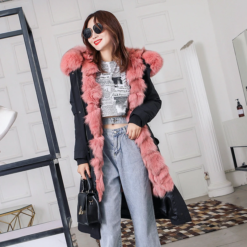 Женский розовый пуховик с мехом лисы для Татьяны, теплое зимнее длинное пальто с натуральным лисьим меховой капюшон, воротник, Женская куртка-парка