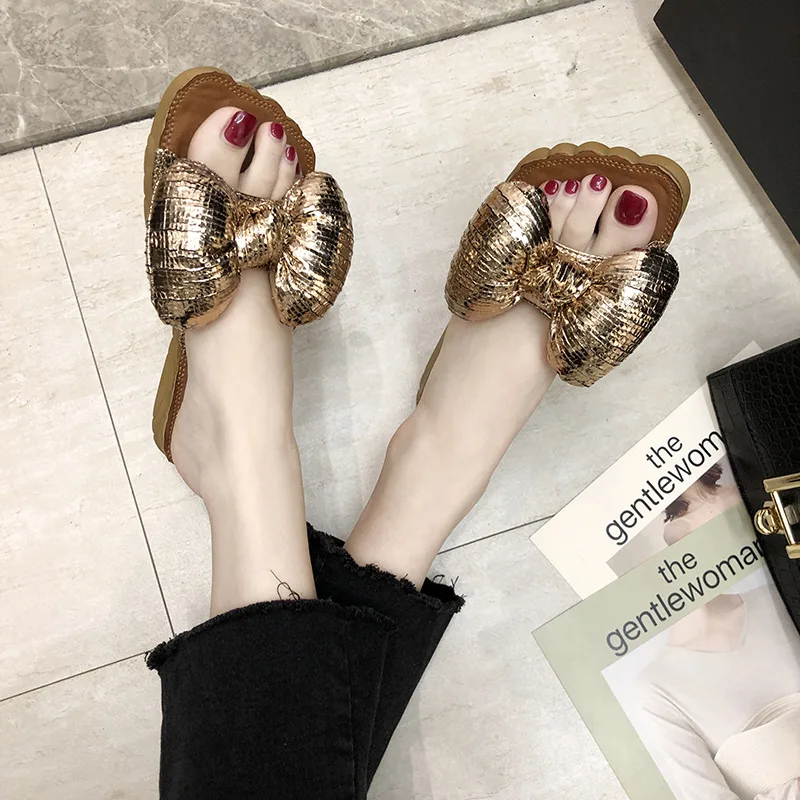 Женские летние тапочки с бантом модные уличные повседневная обувь пляжные