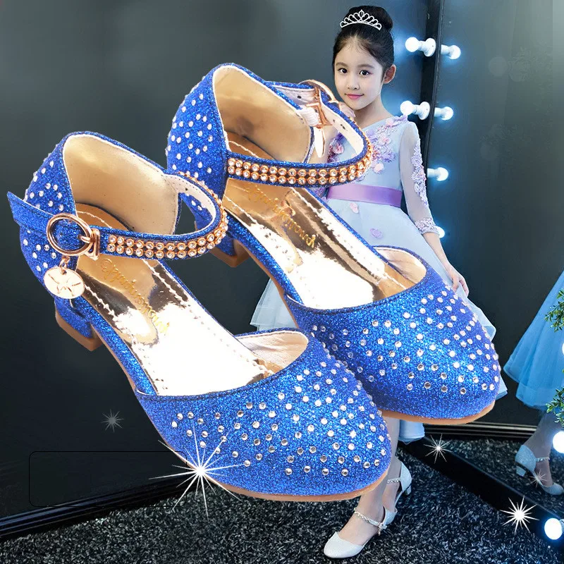 Блестящие сандалии для девочек; обувь на высоком каблуке; детская танцевальная обувь принцессы; сезон лето-осень; Цвет серебристый, розовый; размеры 28-38