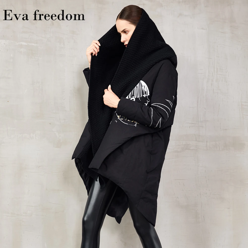 Пуховик женский Европейский дизайн асимметричный с принтом высокое качество
